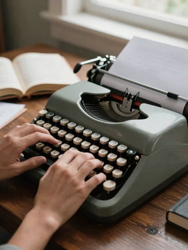 Candid medium shot of a writer's hands typing on a vintage typewriter on a dark oak desk, surrounded by drafts and open reference books, warm natural morning light, 35mm.