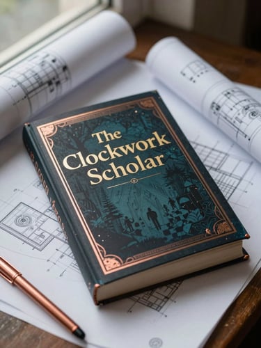 A book cover mockup of 'The Clockwork Scholar' resting on a pile of blueprint drawings, soft natural light, rich copper accents.