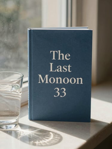 A book cover mockup of 'The Last Monsoon' next to a glass of water casting beautiful caustics, soft morning light, muted blue tones.