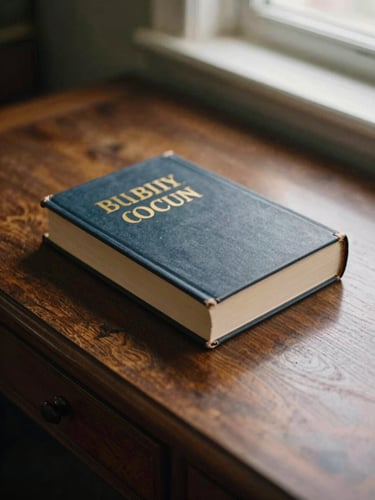 A closed thick hardcover book with gold foil lettering resting on an antique dark wood writing desk, soft warm window light casting long shadows, 35mm photography.