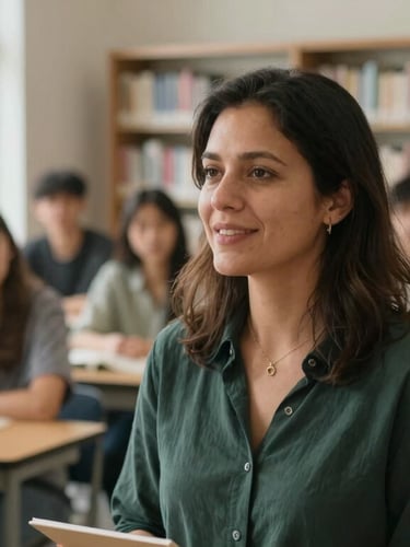 Candid medium portrait of a female author speaking warmly to an engaged audience of teenagers in a modern school library, natural window light, soft focus background.