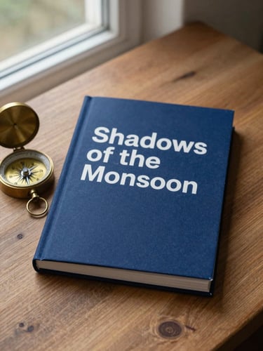 A portrait book mockup of 'Shadows of the Monsoon' with a rich indigo cover design, placed next to a vintage brass compass on a wooden table.