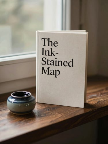 A book cover mockup of 'The Ink-Stained Map' next to a small ceramic inkwell, soft window light, shallow depth of field.