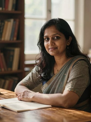 Warm 35mm editorial portrait of an Indian female author in her late 30s, sitting by a sunlit wooden desk in a library filled with old books, soft natural window light, shallow depth of field.