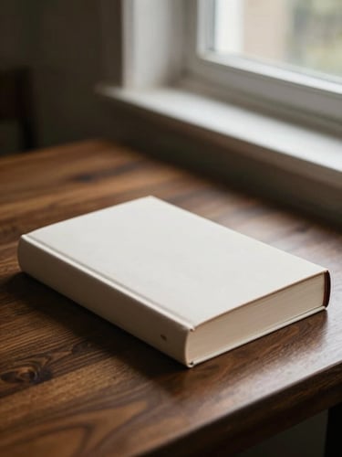 Warm editorial photography of a hardcover book resting on a dark wooden desk near a sunlit window, shallow depth of field, 35mm
