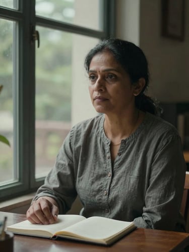 Environmental portrait, a woman of South Asian heritage in her late forties seated near a large north-facing window, a notebook open on the desk in front of her, one hand resting on the page, gazing slightly off-camera in quiet thought, soft grey-green daylight, intimate medium shot, warm interior details visible behind her