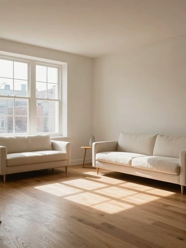 Architectural interior photo of a sun-drenched Montreal living room, soft diffused daylight illuminating polished oak floors, minimalist cream furniture, serene atmosphere.