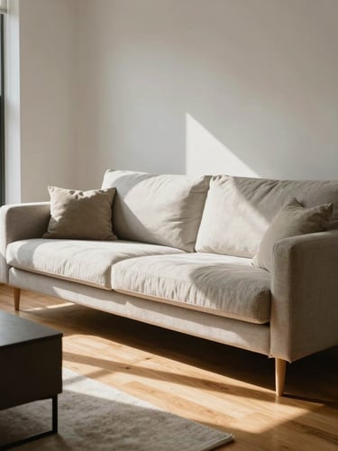 A beautifully styled sun-drenched Montreal apartment living room post-clean, crisp linens on a modern sofa, polished wooden floors catching natural light, architectural angle.