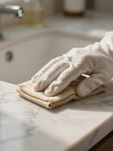 Close-up detail of a hand in a soft cotton glove polishing a marble countertop, warm daylight reflecting off the clean surface