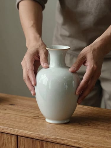 A close-up of hands carefully arranging a ceramic vase on a clean wooden console table