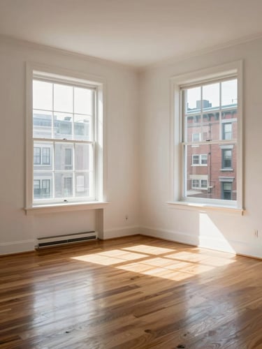Sun-drenched Montreal apartment interior with polished hardwood floors, clean white walls, and natural daylight streaming through large windows, captured with architectural framing