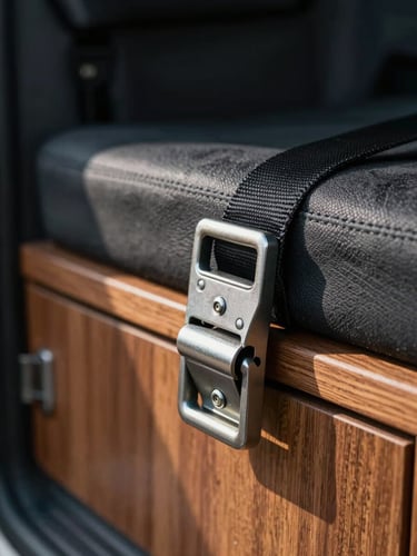 Extreme close-up of a ratchet strap buckle fastened over a padded wooden cabinet inside a van, natural light catching metal hardware, dark van interior background, sharp detail on the mechanism