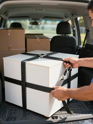 Close-up wide shot of a mover's hands tightening ratchet straps over neatly stacked furniture in the back of a van, natural daylight streaming through the open rear doors, organized packing visible in the background