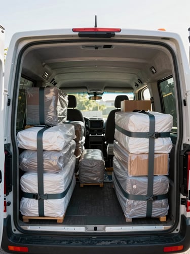 Wide-angle interior of a moving van fully loaded from floor to ceiling, furniture wrapped in protective blankets and secured with ratchet straps, natural daylight streaming through the open rear doors, organized and methodical packing visible in every corner