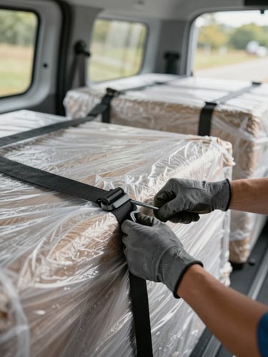 Close-up of gloved hands tightening a ratchet strap over wrapped furniture inside a van, natural daylight through side panels, organized load visible in background