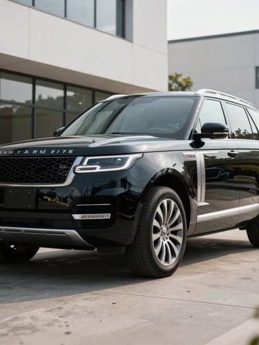 Low-angle heroic shot of a spotless black executive SUV parked in a modern corporate driveway, sharp reflections on the polished paintwork, crisp daylight
