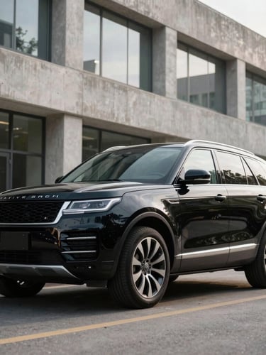 Low-angle heroic shot of a spotless black executive SUV parked in front of a modern concrete corporate building, sharp morning light reflecting on the polished paint, clean composition.