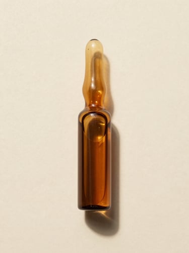 Straight-on studio flat-lay of a sealed, batch-tested amber glass vial on a sterile warm cream surface, neutral overhead lighting, crisp shadows.