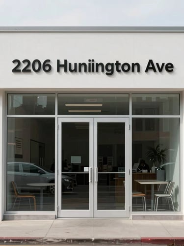 Straight-on architectural photograph of the minimalist storefront at 2206 Huntington Ave, clean glass windows, clear signage, bright overcast daylight.
