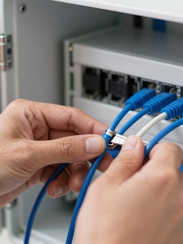 Close-up of a technician's hands carefully splicing a blue fiber optic cable inside a clean, modern white wall box, bright natural daylight, sharp focus, 35mm
