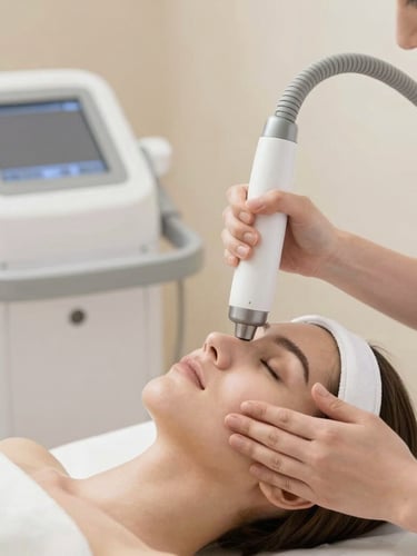 An advanced laser skin treatment procedure in progress, showing professional equipment in use, bright natural lighting, warm beige and white aesthetic environment, premium editorial photography.