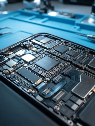 Extreme close-up macro shot of a pristine smartphone interior, bright cool studio lighting with electric cyan highlights, clean technical repair bench in background