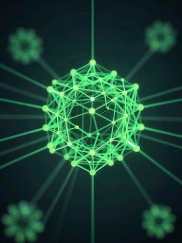 Abstract architectural wireframe of a secure network node, sharp technical details, glowing green vector lines against a deep obsidian background, macro lens.