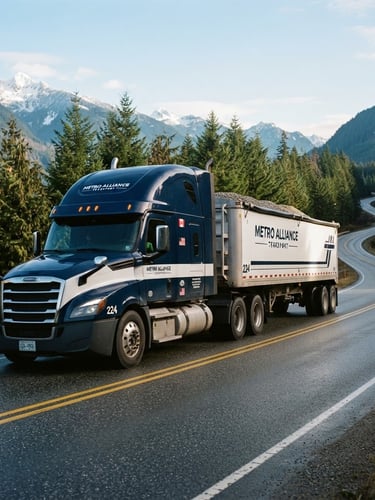 Low-angle heroic shot of a branded Metro Alliance Transport Freightliner Cascadia truck on a scenic British Columbia highway under crisp morning daylight, premium commercial photography, 35mm