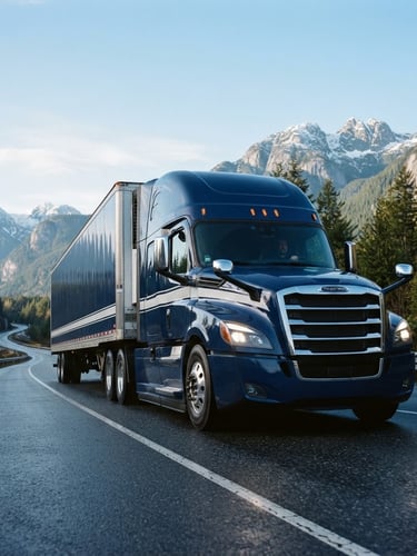 Low-angle heroic shot of a branded Metro Alliance Cascadia truck on a British Columbia highway, crisp morning daylight, deep navy and white tones, 35mm