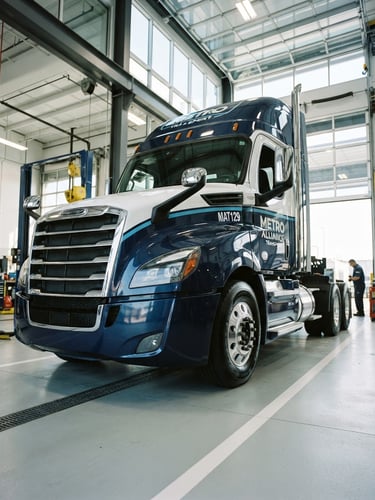 Low-angle heroic shot of a branded Metro Alliance Transport Freightliner Cascadia truck parked in a clean, professional inspection bay under crisp morning daylight, 35mm photography