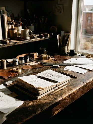 High-contrast editorial photograph of a raw creative workspace in Pocatello, harsh natural light casting deep shadows across a heavy oak desk with tactile design materials, 35mm film grain.
