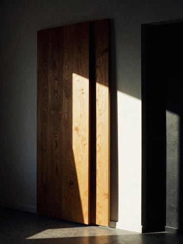 Candid behind-the-scenes production shot, high-contrast architectural details of a modern studio in Pocatello, harsh natural light, deep shadows, warm golden-hour accents