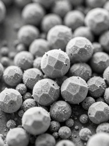 Extreme macro top-down scanning electron micrograph of sub-micron inorganic powder crystals, sharp geometric facets, cold clinical white lighting, stark shadows, high contrast.