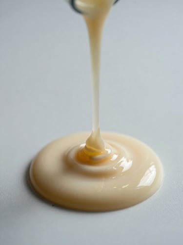 Macro photography of viscous silicone oil showing complex fluid dynamics and rheological flow on a neutral clinical white surface, cool-toned studio lighting, sharp shadows, extreme close-up.