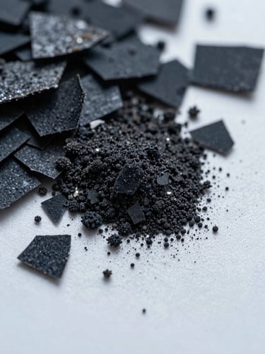 Extreme macro top-down view of dark graphene flakes and fine black nano-powder on a sterile white clinical surface, sharp cool-toned studio lighting with deep shadows