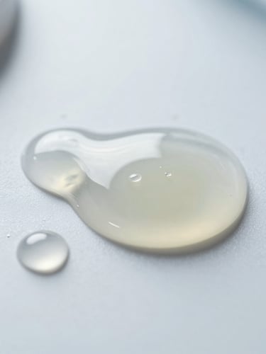 Extreme macro photography of transparent, highly viscous silicone oil forming structured droplets on a clean white clinical surface, cool-toned studio lighting, sharp shadows