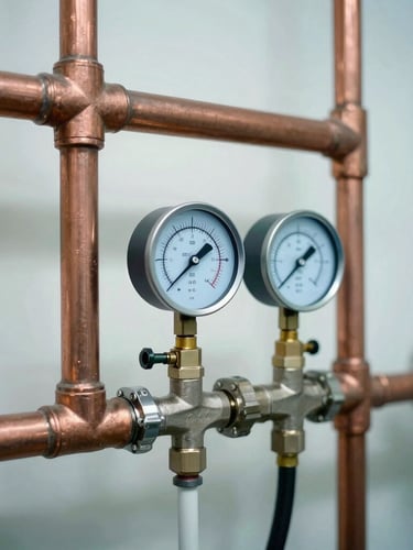 Sharp close-up of a clean copper piping network and a high-precision pressure gauge showing steady readings in an organized hospital mechanical room, bright neutral daylight, high contrast, 35mm photography.