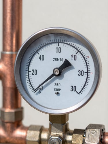 Macro technical photograph of clean copper piping network and a pressure gauge showing highly precise readings under bright daylight, sharp focus on mechanical details, 35mm