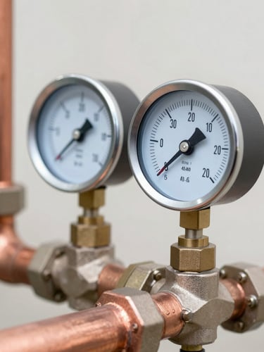Macro shot of clean copper piping network with silver pressure gauge showing precise readings, bright neutral daylight, sharp technical focus