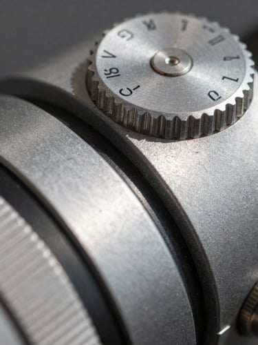 Macro close-up of a high-end physical interface, brushed metal dials, sharp linear shadows, architectural daylight.