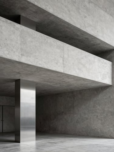 Architectural crop of a modern concrete workspace with sharp linear perspective, hard studio key lighting casting deep clean shadows, minimal brushed metal accents.