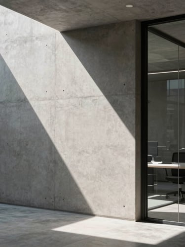 Architectural close-up of a modern concrete workspace with sharp geometric shadows and minimalist glass partitions under hard daylight.