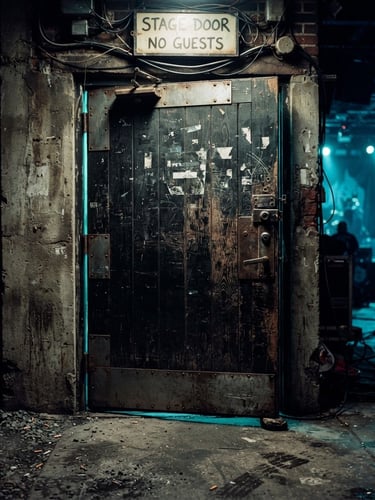 Low-angle gritty shot of a heavy metal backstage stage door, distressed wood and concrete, warm neon teal backlight, 35mm film grain