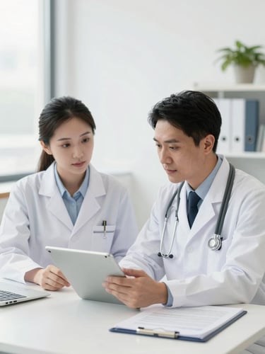 Two professional consultants reviewing medical service contracts on a tablet in a bright, modern clinical office setting, soft clinical white tones