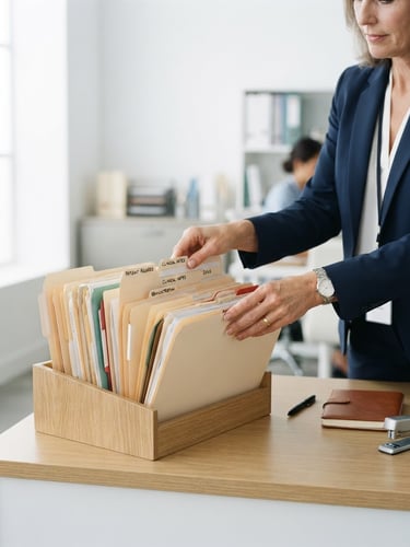 Hands of a clinical administrator organizing official folders on a clean desk, bright natural daylight, clinical office setting, 35mm