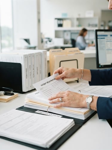 Hands of a clinical administrator in a bright office organizing professional medical documentation, clean corporate environment, daylight, 35mm