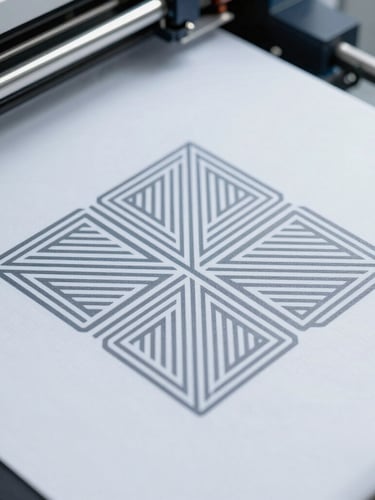 Macro detail shot of high-tech sublimation machinery printing precise geometric patterns onto technical performance fabric, bright cool-toned studio light, sharp focus.