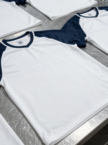 Crisp flat-lay of custom sublimated team kits on a steel worktable, technical double-stitched seams visible, bright cool studio lighting, high contrast, 50mm lens
