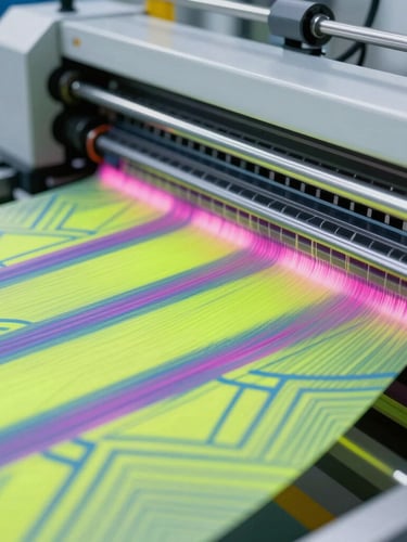 Macro close-up of high-speed sublimation printing machinery transferring vibrant neon patterns onto technical performance fabric on a bright industrial factory floor.