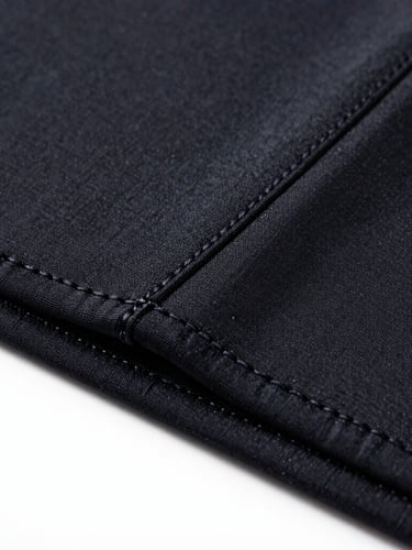 Macro detail shot of double-stitched flatlock seams on a black technical compression garment, bright cool-toned studio light, high-contrast technical details, sharp focus.